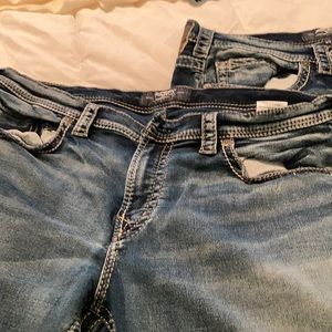 Destressed denim mens pants